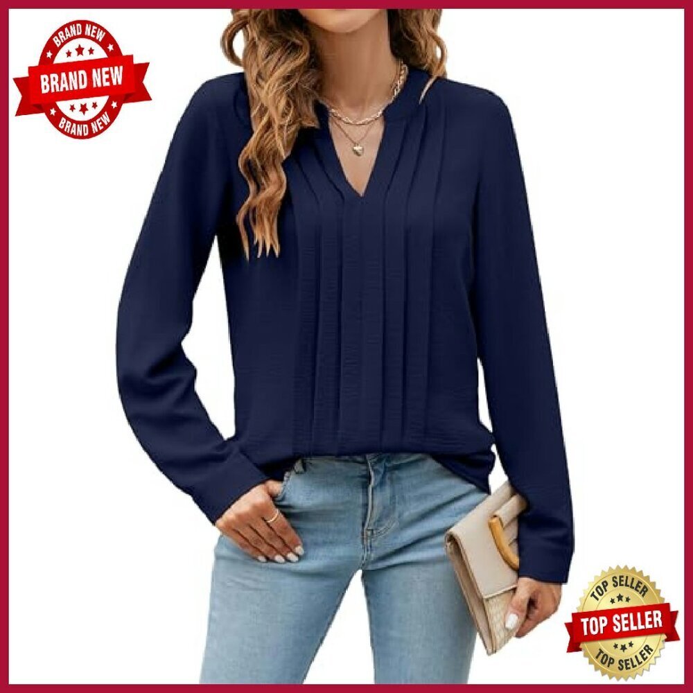 Long Sleeve V Neck Pleated Blouse Business Casual Top Regular Fit - Picture 2 of 8